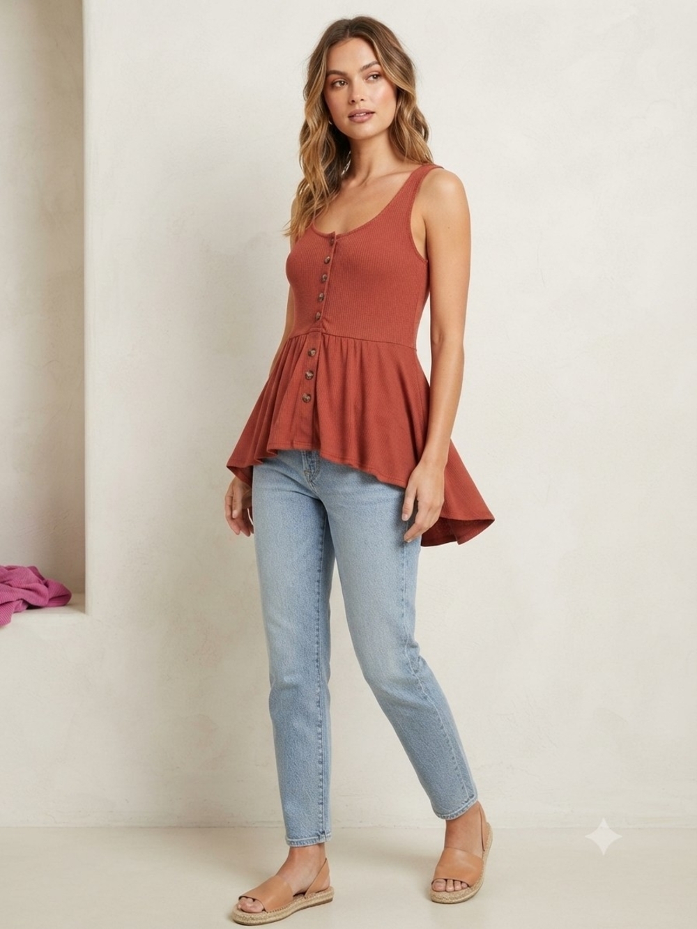 Others Follow Rust Button-Front Peplum Tank
